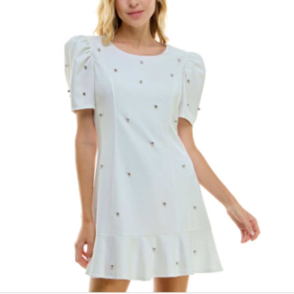 Crystal Doll Juniors' Puff-Sleeve Rhinestone-Trim Dress - White - Picture 4 of 4